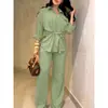 Conjunto de Camisa com Cordão na Cintura e Calça Wide Leg Cor Sólida Estilo Europeu e Americano 2026, Duas Peças Soltas e Emagrecedoras para Mulheres para Exportação