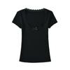 Camiseta de manga corta con cuello cuadrado y clavícula de encaje Pure Desire para mujer, top ajustado de verano con lazo estilo ballet