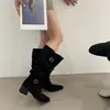 Botas de Montar Ajustadas con Tacón Grueso y Punta Fina para Mujer 2025 Otoño e Invierno Caqui Pelo Tacón Alto Botas de Media Pantorrilla