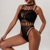 Lingerie Sexy Quente Europeia e Americana Rede Halterneck Vazada Suspender Malha Transparente Macacão Estampa de Leopardo Bolinhas Biquíni