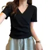 Camiseta Elegante y Única de Manga Corta con Escote en V Cruzado para Mujer, Nueva Moda de Verano, Top Corto Versátil Ajustado de Cintura Alta Adelgazante