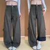 Calça de Trabalho Estilo Americano Verde Militar para Mulheres, Outono/Inverno 2025, Cintura Alta, Petite, Caimento Solto, Calça de Perna Larga Emagrecedora, Forrada com Fleece, Calça Curva
