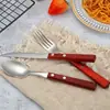 Juego de Cuchillo, Tenedor y Cuchara de Acero Inoxidable 304 Estilo Occidental para Cocina y Restaurante, con Mango de Madera, Cuchillo para Steak, Tenedor y Cuchara