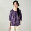 Camiseta Roupão de Seda Crepe de Chine Floral Roxo Sonhador Estilo Francês Gola Redonda Grande Manga Raglan Manga Lanterna Top de Seda Solto para Mulheres