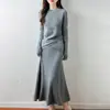 Conjunto de Malha Feminino Outono e Inverno Novo, Gola Redonda Slim, 100% Lã Pura, Saia de Tricô, Conjunto de Duas Peças