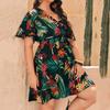 Vestido estampado de moda de talla grande para mujer, cuello en V, manga corta, cruzado, Amazon eBay, nuevo cinturón, falda suelta