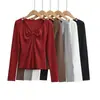 Atacado de Roupas Femininas Transfronteiriças 2026 Novo Estilo Gola V Amarração Franzido Slim Fit Cintura Alta Curto Base Camiseta Top
