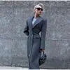 Abrigo de Lana para Mujer Europeo y Americano Transfronterizo Primavera 2025 Elegante Solapas Cintura Alta Largo Abrigo de Lana