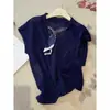 2026 Súper Trendy Top de Seda Helada para Mujer Nuevo de Verano Manga Corta Camiseta con Lazo Cuello en V Delgado Diseño Elegante Top