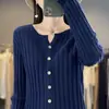 Cardigan de Punto Mezcla de Lana de Canalé Holgado Ropa Nueva para Mujer Color Sólido Cálido Cuello Redondo Suéter Otoño/Invierno Estilo Corto 2026