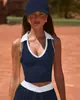 Novo Produto Quente em Venda no Aliexpress: Top Casual Esportivo para Yoga e Tênis com Gola Polo Color Block, Sem Mangas, Moderno e Versátil