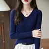 Camisa Base Tricotada Gola V 100% Algodão Puro para Mulheres, Suéter para Outono e Inverno, Corte Justo, Camada Interna Valorizadora, Blusa de Tricô de Algodão para Mulheres