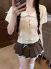 Camiseta de Manga Corta con Diseño Hueco de Cuello Peter Pan para Mujer, Suave y Dulce, Top Elegante y Versátil Ins de Verano Chic