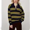 Suéter Retro de Punto Transfronterizo Otoño e Invierno Estilo Europeo y Americano de Amazon Rayas en Contraste Puntadas en Solapa Suéter Holgado para Mujer
