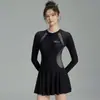 Novo Maiô de Peça Única com Manga Longa para Mulheres, Proteção Solar, Emagrecimento, Roupa de Banho Esportiva Estilo Saia, Modelagem Justa, Roupa de Mergulho que Cobre a Barriga, Roupa de Banho
