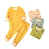 Pijama infantil com forro de fleece, espessado, estampa de desenho animado, e roupa de casa, conjunto de roupa íntima térmica para meninos e meninas