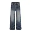 Estilo punk americano, Y2K leve, detalhes de rebite, azul mar profundo, lavagem desgastada, efeito olho de gato, perna reta, levemente flare, jeans, unissex