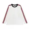 Camiseta de algodón puro de 220 g, moderna y versátil, con cuello redondo de color contrastante y rayas combinadas, camiseta de manga larga de corte holgado para venta al por mayor