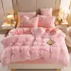 Conjunto de Quatro Peças de Veludo de Visão, Lençol de Cama de Veludo Cristal, Espessado e Quente, Conjunto de Quatro Peças de Roupa de Cama de Pelúcia Longa de Veludo Coral de Inverno