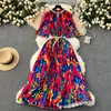 Vestido Elegante de Alta Qualidade Europeu e Americano Feminino Novo com Contas Gola Redonda Manga Curta Cintura Elegante Solto Plissado Estampado