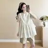 Conjunto para Gestantes Verão Estilo Preguiçoso Camisa Ampla Estilo Boneca Manga Curta Fina Top para Gestantes Shorts Conjunto de Duas Peças para Gestantes