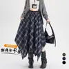 Roupa Feminina Saia Xadrez Irregular 2026 Outono Vintage Xadrez Cintura Elástica Emagrecedora Comprimento Médio Saia Evasê