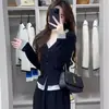 Cárdigan de Botones Falso Dos Piezas Camiseta de Manga Larga Mujer Otoño Estilo Coreano Corte Ajustado Capa Interior Ropa Exterior Top Base Corto Moderno