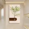 Pintura Decorativa de Entrada Estilo Crema Planta Verde Hidropónica Textura de Arenisca Estéreo Pintura Colgante de Pared de Fondo para Sala de Estar Luminosa LED