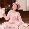 Pijama Feminino Quadrado com Babados para Primavera e Outono, Manga Longa e Calça Longa com Elástico nas Bainhas, Roupa de Casa Infantil de Algodão Penteado