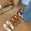 Sandalias Cuadradas Planas de Punta Abierta con Hebilla Redonda de Mármol para Ropa de Exterior, Chanclas de Tira Fina Abiertas en la Punta para Mujer, Estilo Veraniego de Vacaciones