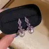 Aretes de Perla Hoja Morada con Diseño de Flor de Circonia Super Brillante, Aretes de Lujo Ligero de Gama Alta, Aretes de Lujo para Fiesta de Noche