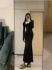 Vestido negro de cola de pez con estampado de flor de loto para mujer, vestido de punto de manga larga para principios de otoño, adecuado para figuras en forma de pera, vestido ajustado estilo Berkeley