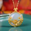 Collar con colgante Hetian Meiyu con incrustaciones de koi en plata esterlina chapada en oro para mujer, cadena de clavícula antigua con temperamento de moda retro para mujer