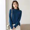 Venta al por mayor transfronteriza de suéteres elegantes de punto de cuello semi-alto nuevos para otoño e invierno para mujer, tops de punto sencillos, camisetas básicas de manga larga estilo coreano, modernos