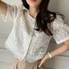 Camisa de Verano Estilo Coreano Temperamento Encaje Pesado Ganchillo Botón de Perla Manga Abullonada Volante de Gasa Manga Corta para Mujer