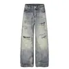Jeans de Pierna Ancha Rasgados de Moda con Parches Estampado de Leopardo High Street Americano para Hombre, Pantalones Largos Rectos Sueltos Versátiles con Borlas