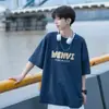 Camiseta de Manga Corta de Algodón Puro 260g Estilo Americano High Street con Letras para Hombre, Camiseta Casual Holgada de Tres Cuartos para Adolescentes