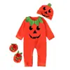 Macacão Longo Europeu e Americano de Primavera e Outono com Estampa de Abóbora de Halloween para Meninos e Meninas + Chapéu Conjunto de Três Peças Roupas Infantis ins