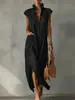 Vestido de verano nuevo para mujer transfronterizo europeo y americano 2026, sin mangas de algodón y lino, color liso, Amazon holgado con cuello en V casual