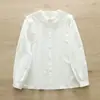 Camisa feminina estilo japonês com colarinho alto de dois botões, manga longa, fresca, simples, versátil, solta, cor sólida, casual, top de primavera