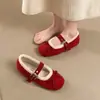 Zapatos Mary Jane peludos súper bonitos súper calientes con lazo francés 2026 Otoño/Invierno nuevo zapato peludo de una sola tira para mujer
