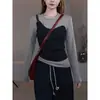 Suéter de Tricô Falso Duas Peças Color Block para Mulheres, Novo Estilo Outono Inicial 2026, Top Base Ajustado, Versátil