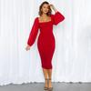 Amazon comercio exterior transfronterizo otoño e invierno Nuevo Sexy Slim cuello cuadrado color sólido sin espalda manga linterna falda de cadera falda larga para mujer