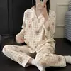 Yunduo Algodón Otoño 2025 Pijama de Mujer Pantalón de Manga Larga Cárdigan Solapa Pijama Traje Casual de Mujer Ropa para el Hogar