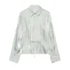 Roupas Femininas 2026 Primavera Nova Estilo Europeu e Americano Manga Longa Gola Lapela Efeito Metálico com Cinto Blusa Tendência