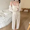 Pijama com Bojo para Mulheres, Primavera e Verão Desenho Animado Doce com Alças Finas, Cardigãs, Calças Compridas, Conjunto de Três Peças, Roupa de Casa Que Pode Ser Usada Fora