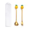 Cuchara y tenedor de acero inoxidable portátil para niños, con bonitos dibujos animados, dorados, para café, fruta, postre, caja de regalo
