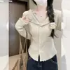 Camisa base atmosférica com acabamento em renda e decote em V, suéter de malha elegante com botões, babados e acinturado, feminino, para primavera e outono