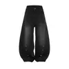 Anel de metal recorte faca curva jeans masculino punk tendência marca design personalizado senso de design desconstruído desgastado solto calça de perna larga