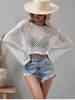 Nuevo crop top de ganchillo de malla para mujer transfronterizo, suéter de punto hueco de manga larga, pareo de playa transparente